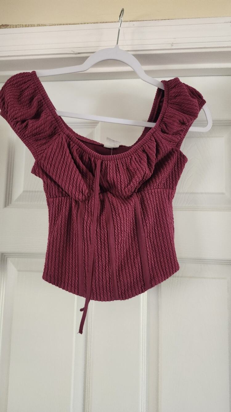 No Boundaries Burgundy Ruched Milkmaid Corset Crop Top Off-Shoulder XXS #341